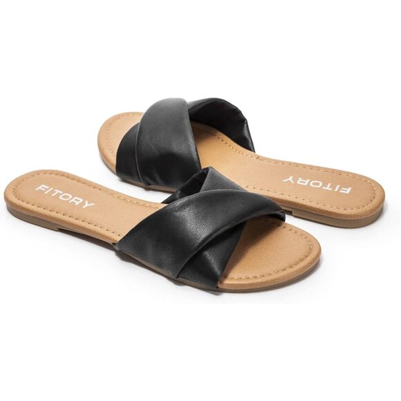 FITORY Women's Dark Synthesis Summer Soft Leather Cushioned Insole Flat Slides - Picture 5 of 5